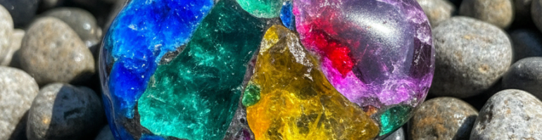 A vibrant, multi-colored mosaic stone resting on a bed of smooth, grey river pebbles.