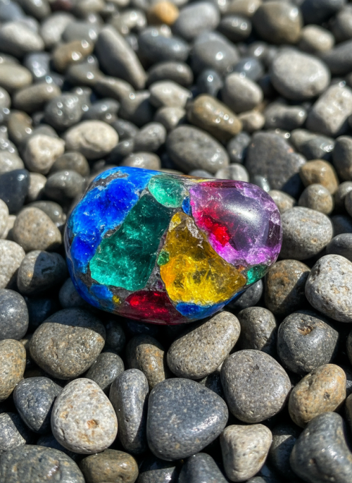 A vibrant, multi-colored mosaic stone resting on a bed of smooth, grey river pebbles.