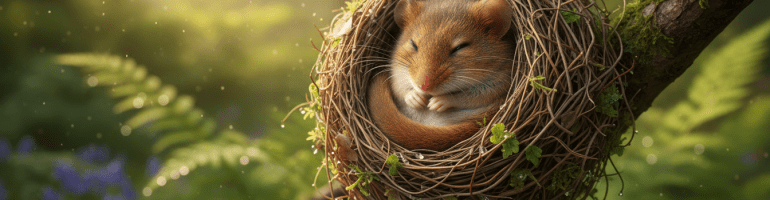 Small orange dormouse curled up asleep inside a round woven nest on a mossy branch