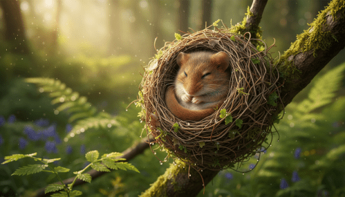Small orange dormouse curled up asleep inside a round woven nest on a mossy branch