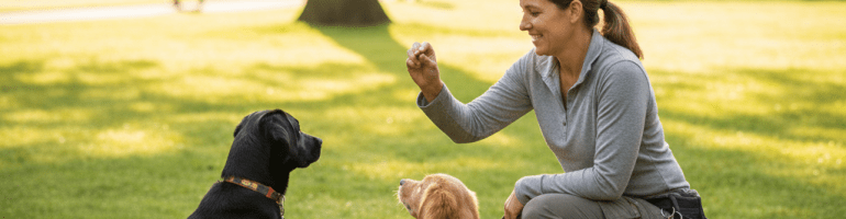 Woman kneeling in a park training a black Labrador and a golden retriever puppy.
