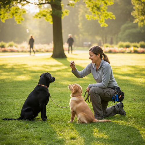 Woman kneeling in a park training a black Labrador and a golden retriever puppy.