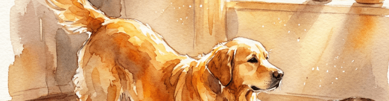 Watercolor painting of a golden retriever dog stretching near a sleeping cat in a sunlit room.