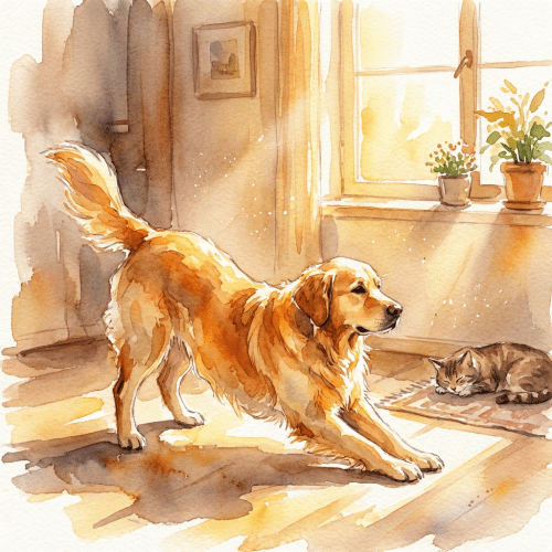 Watercolor painting of a golden retriever dog stretching near a sleeping cat in a sunlit room.