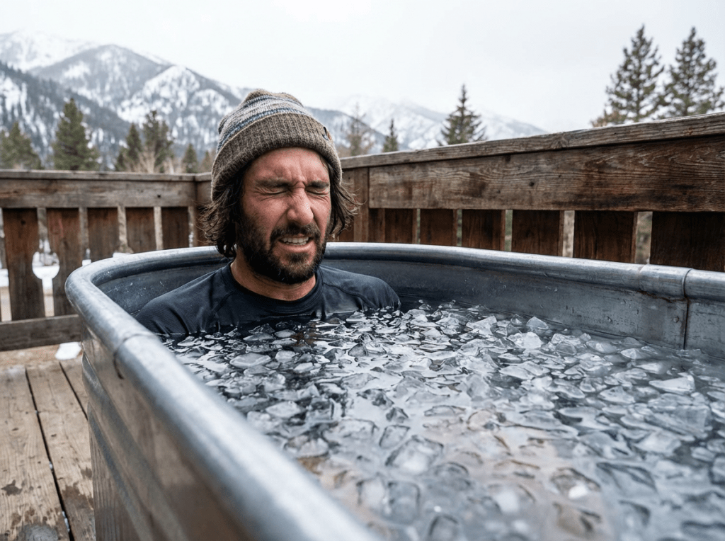 A man submerged in an ice-filled metal tub outdoors with snowy mountains in the background.