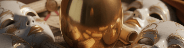 Polished golden egg surrounded by ornate white masquerade masks and sealed paper scrolls.