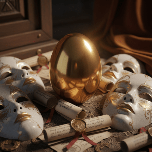 Polished golden egg surrounded by ornate white masquerade masks and sealed paper scrolls.