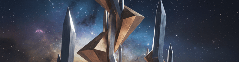 Geometric crystalline towers on a dark rocky moon under a ringed planet and starry sky.