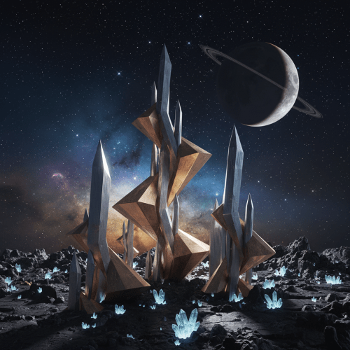 Geometric crystalline towers on a dark rocky moon under a ringed planet and starry sky.