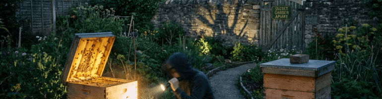 Person inspecting a glowing beehive in a garden under a full moon at night.