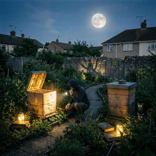 Person inspecting a glowing beehive in a garden under a full moon at night.