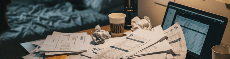 A person reviewing financial documents and bills at a cluttered desk late at night.
