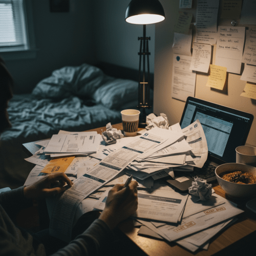 A person reviewing financial documents and bills at a cluttered desk late at night.