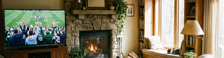 A rustic living room with a fireplace, a television showing football, and cozy seating.