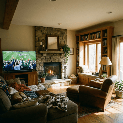 A rustic living room with a fireplace, a television showing football, and cozy seating.