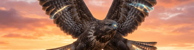A hawk with glowing electrical patterns on its wings flying over a mountain valley at sunset.