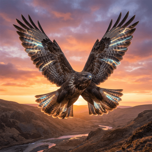 A hawk with glowing electrical patterns on its wings flying over a mountain valley at sunset.