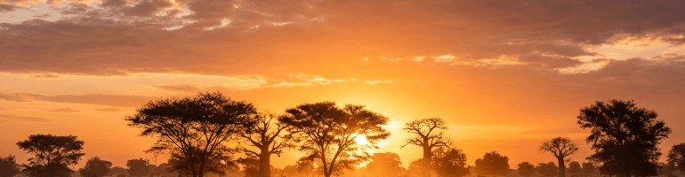 Silhouetted herders and cattle walking across a dusty savanna under a bright orange sunset.