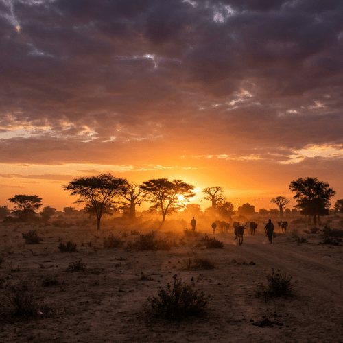 Silhouetted herders and cattle walking across a dusty savanna under a bright orange sunset.