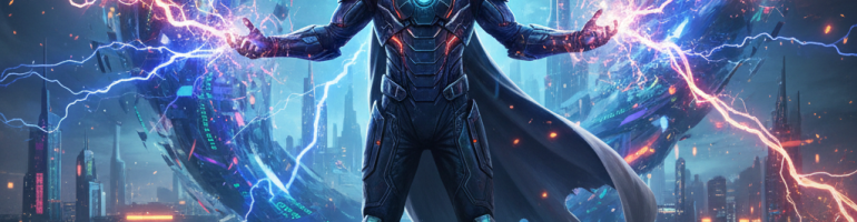 A hooded cybernetic warrior wielding electric bolts in a futuristic city with a digital portal.