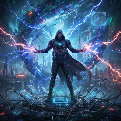 A hooded cybernetic warrior wielding electric bolts in a futuristic city with a digital portal.