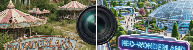Split image of abandoned Wonderland park and futuristic Neo-Wonderland park separated by a lens.