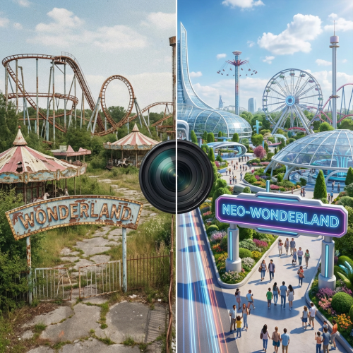 Split image of abandoned Wonderland park and futuristic Neo-Wonderland park separated by a lens.