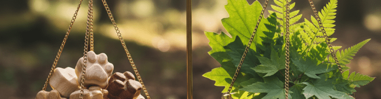 Brass balance scale holding wooden paw prints and green leaves on a mossy forest floor.