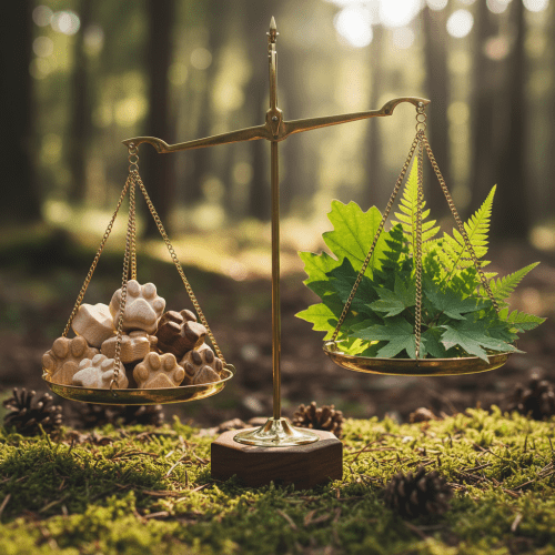 Brass balance scale holding wooden paw prints and green leaves on a mossy forest floor.