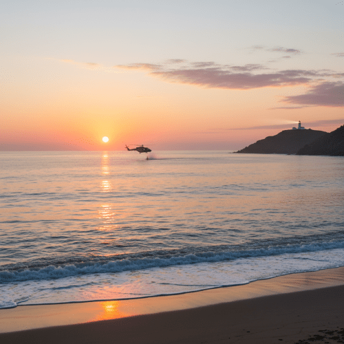 Helicopter flying over ocean waves during a vibrant sunset near a distant lighthouse.