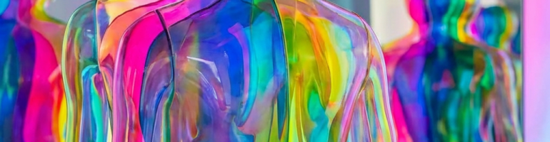 Multiple translucent mannequins with overlapping rainbow colors in a mirrored room