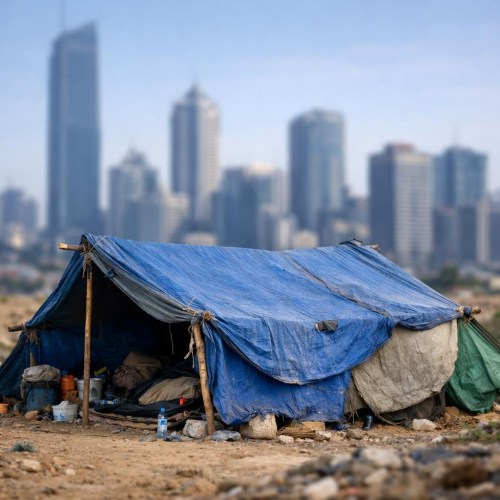 Makeshift blue tarp shelter on dry land with modern city skyscrapers in the background