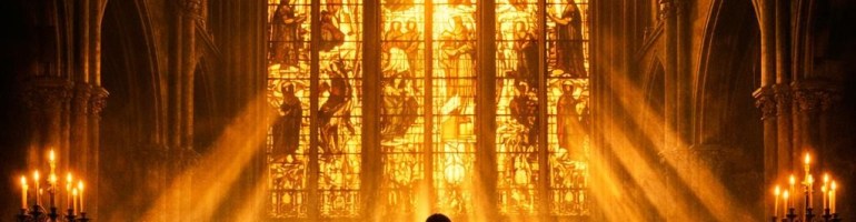 Choir singing in front of illuminated stained glass window in cathedral