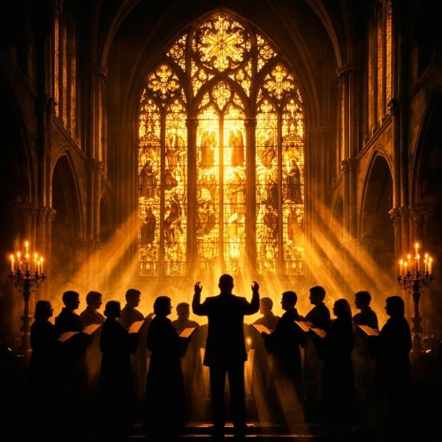 Choir singing in front of illuminated stained glass window in cathedral