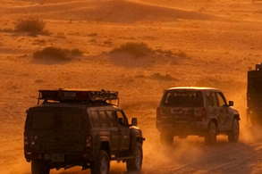 Multiple off-road vehicles and camels moving along sandy desert trail at sunset with mountains in the background