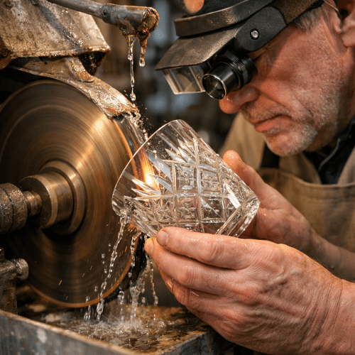 Craftsman engraving intricate patterns on a crystal glass with a rotating grinding wheel and magnifying goggles