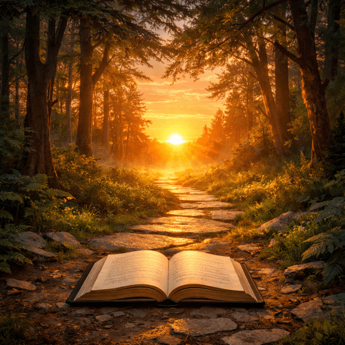 Open book on stone path through forest illuminated by sunset
