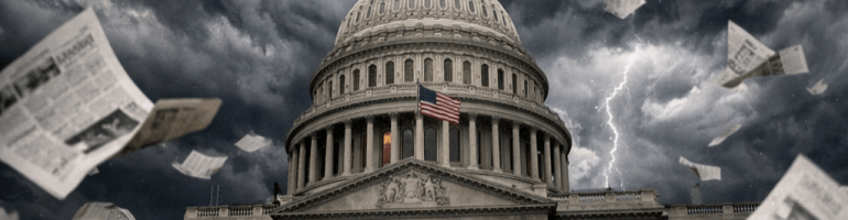 US Capitol building with stormy sky, lightning, and flying newspapers