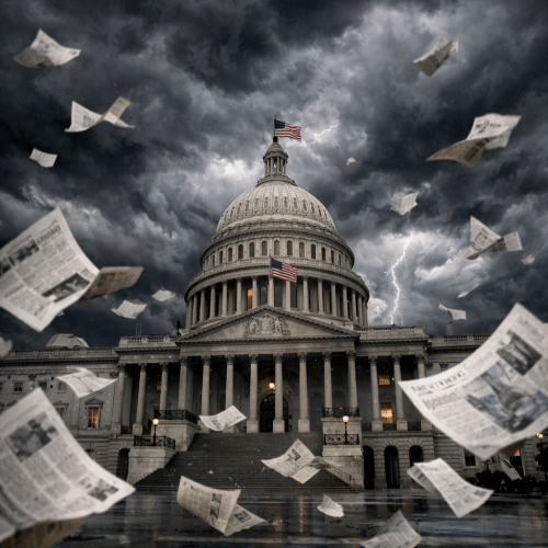 US Capitol building with stormy sky, lightning, and flying newspapers