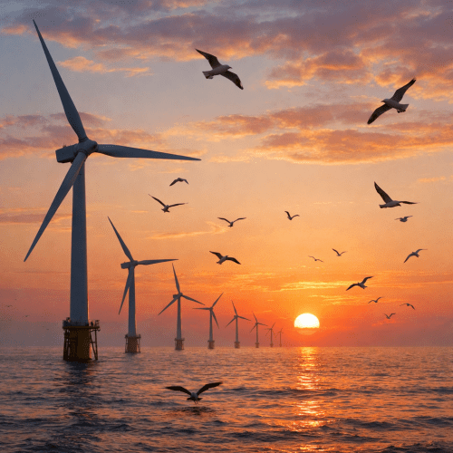 Line of offshore wind turbines in the sea at sunset with seagulls flying overhead