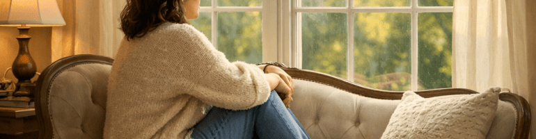 Woman sitting cross-legged on a vintage sofa gazing out a window