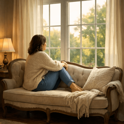 Woman sitting cross-legged on a vintage sofa gazing out a window