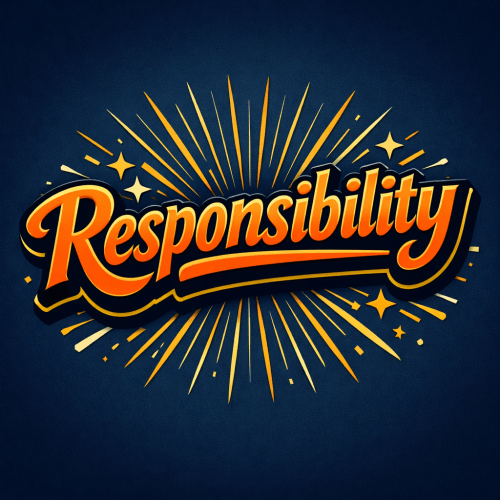 The word 'Responsibility' in large orange and yellow lettering with radiant decorative rays on blue background