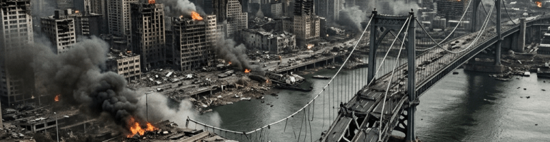 Collapsed bridge over river with burning city and smoke-filled skyline