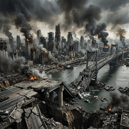 Collapsed bridge over river with burning city and smoke-filled skyline