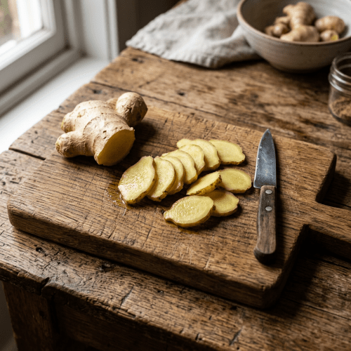 Fresh ginger root and thin ginger slices on a wooden cutting board with a knife