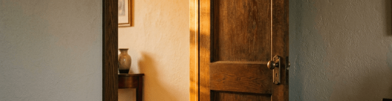 Partially open wooden door with sunlight illuminating adjacent room and floor