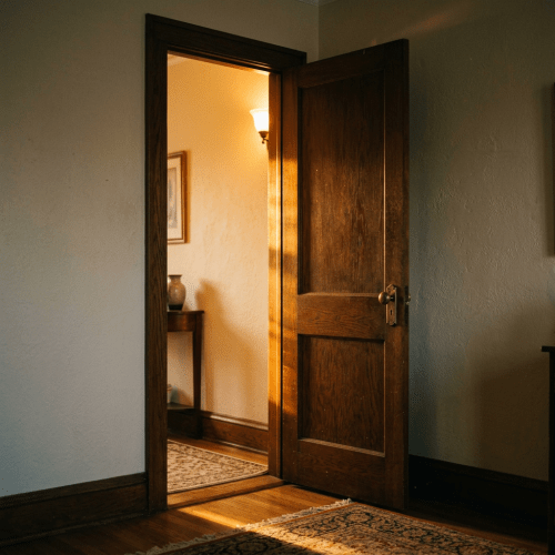Partially open wooden door with sunlight illuminating adjacent room and floor