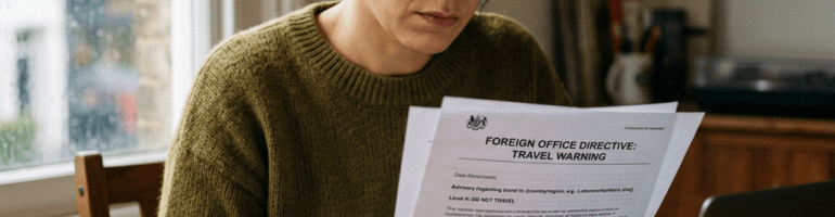 Woman reading a foreign office travel warning document