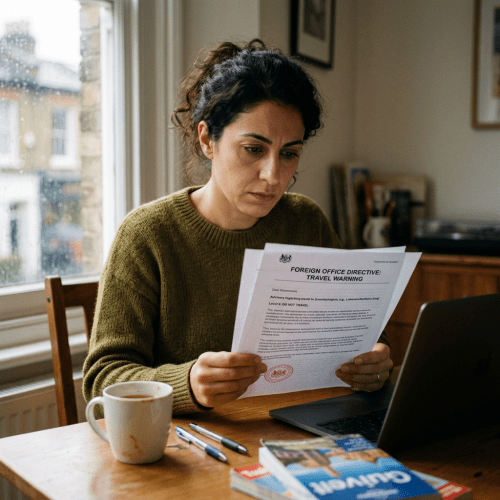 Woman reading a foreign office travel warning document